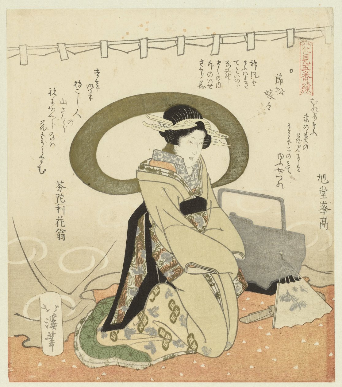 Mulher no conjunto de piqueniques
Díptico sobre a admiração de flores (título da série)
Hanami gobantsuzuki (título da série sobre o objecto) de Totoya Hokkei