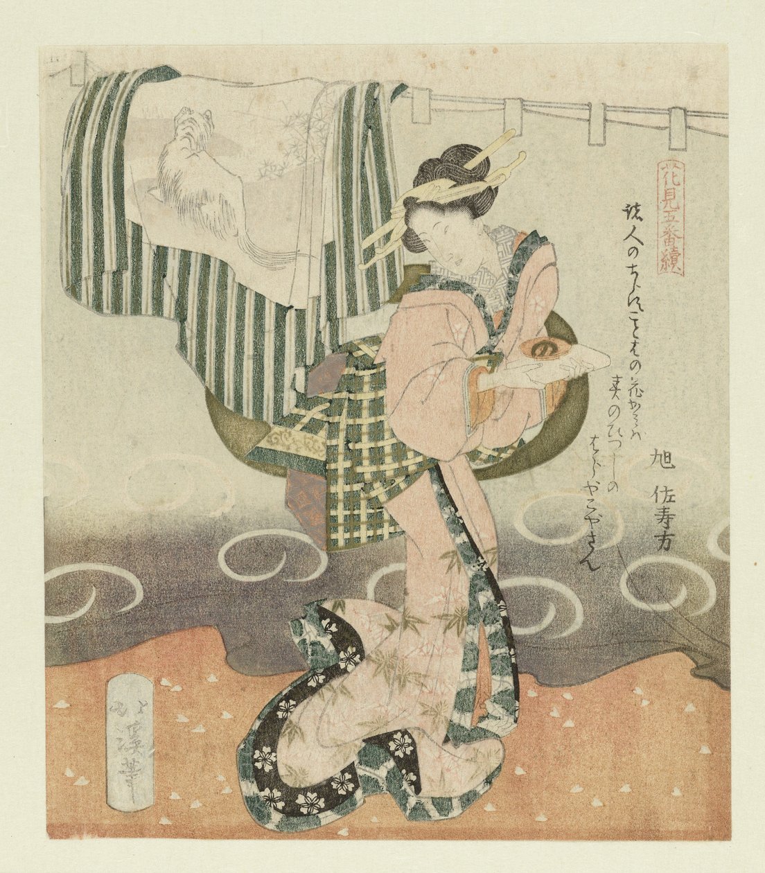 Mulher com copo de saquê
Pentagrama sobre a admiração de flores (título da série)
Hanami gobantsuzuki (título da série sobre o objecto) de Totoya Hokkei