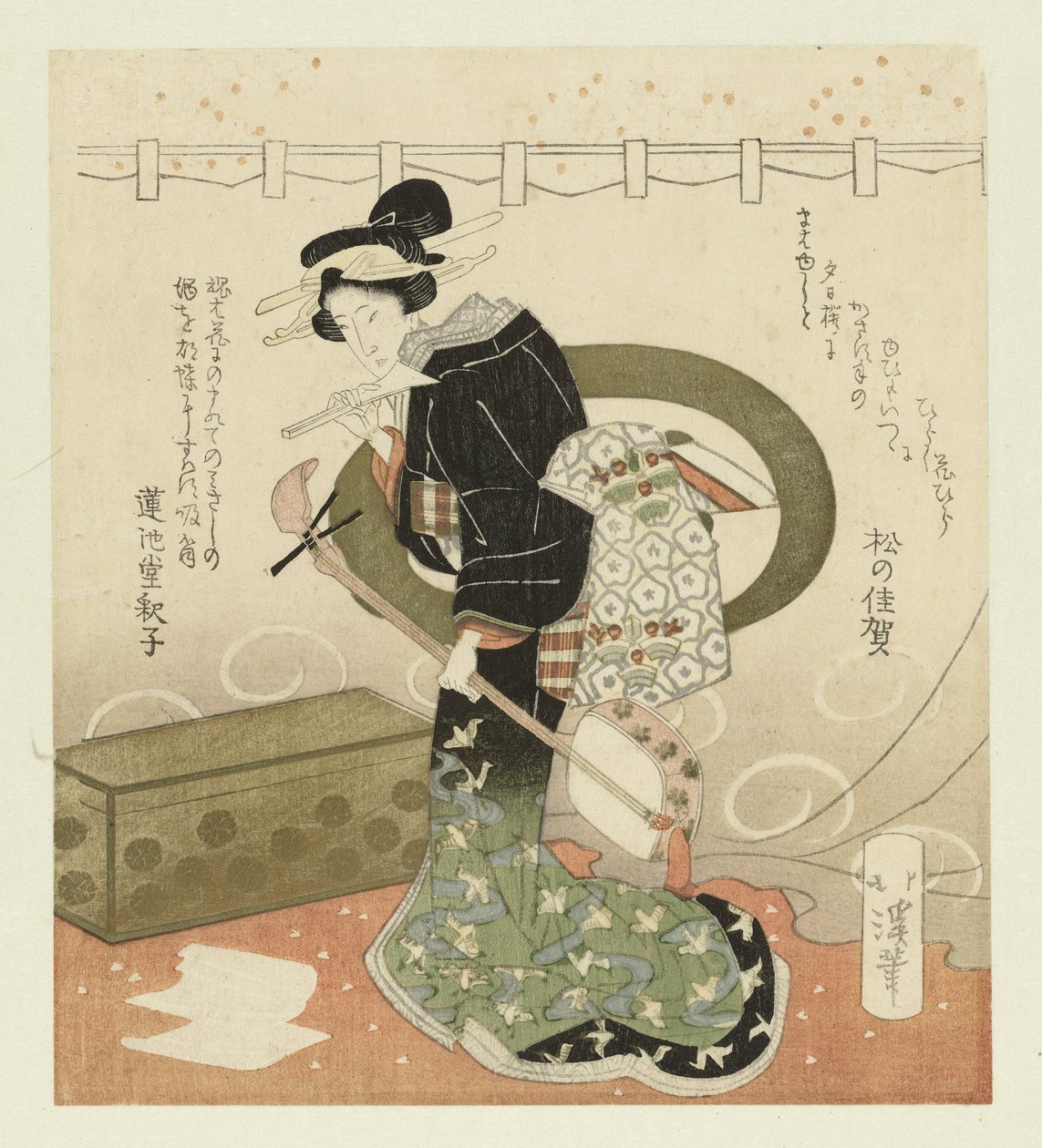 Mulher com shamisen Pentáptico sobre admirar flores (título da série) Hanami gobantsuzuki (título da série no objeto) de Totoya Hokkei