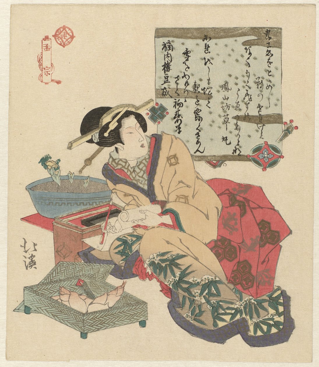 A mulher escreve uma carta
Môsô (título sobre o objecto) de Totoya Hokkei