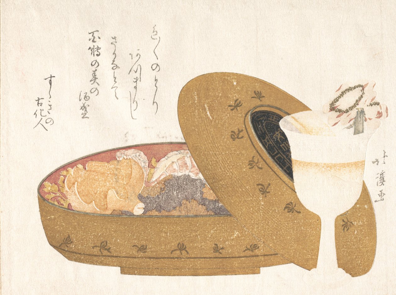 Cálice de vinho e caixa de comida de laca com refeição de ano novo, 1811. de Totoya Hokkei