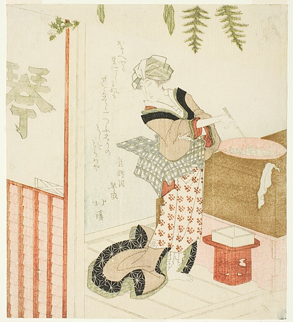 Mulher a cozinhar feijão na loja de Totoya Hokkei