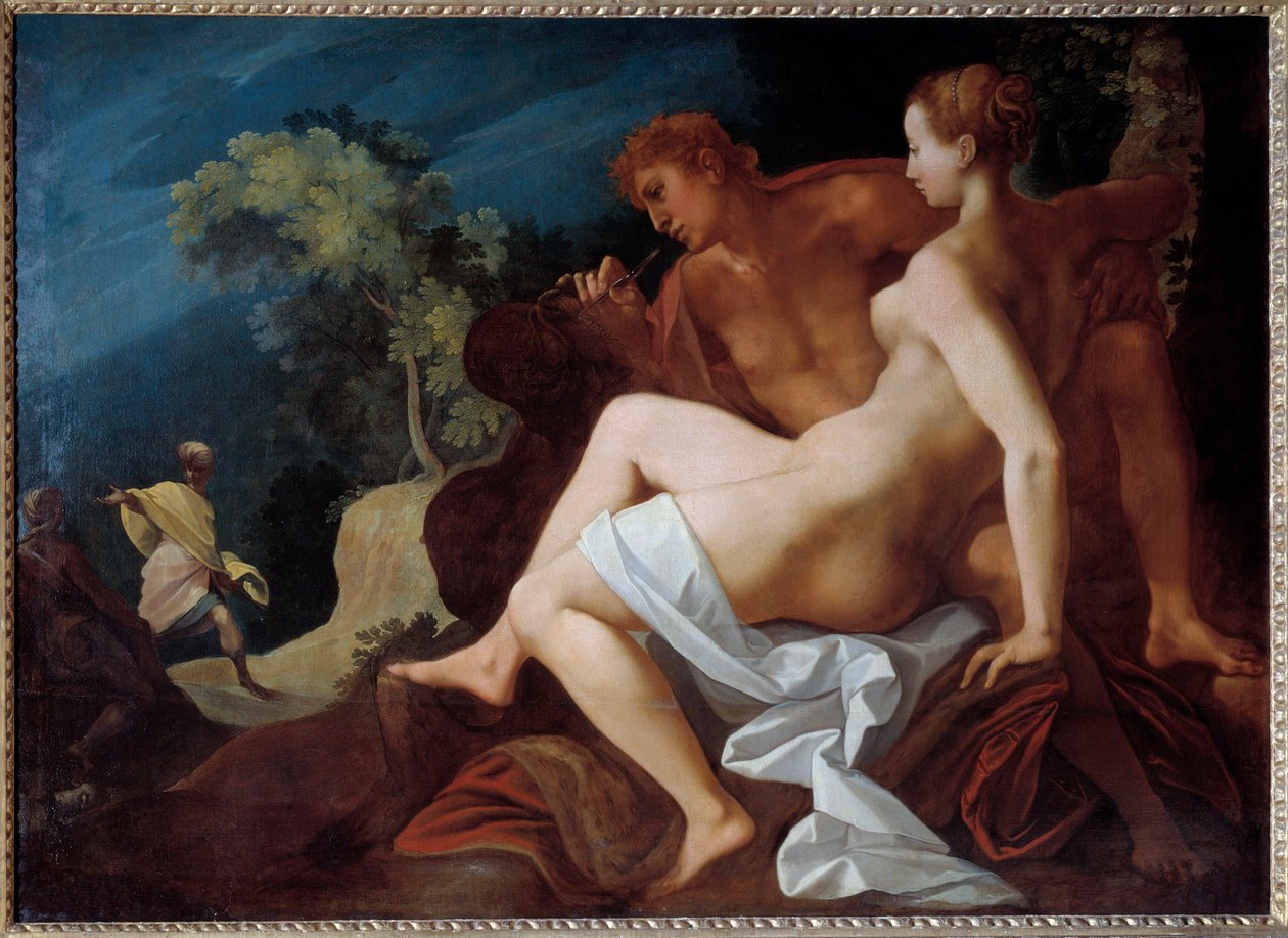 Angelique et Medor Ilustração para "Le Roland Furieux" (Orlando Furioso) de Ludovic Ariosto (Arioste) representando Medor (Medoro) inscrevendo o nome de Angelique (Angelica), com quem acaba de se juntar, na rocha - Ao fundo, chega Roland, co de Toussaint Dubreuil