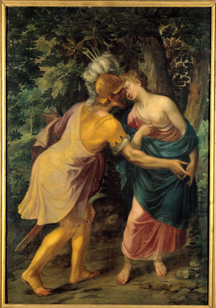 Adeus de guerreiro a uma rainha ou "Hyanthe (Hyante) saudado por Francus" ou "Tancrede e Herminie" - Pintura de Todos os Santos Dubreuil (1561-1602) de Toussaint Dubreuil
