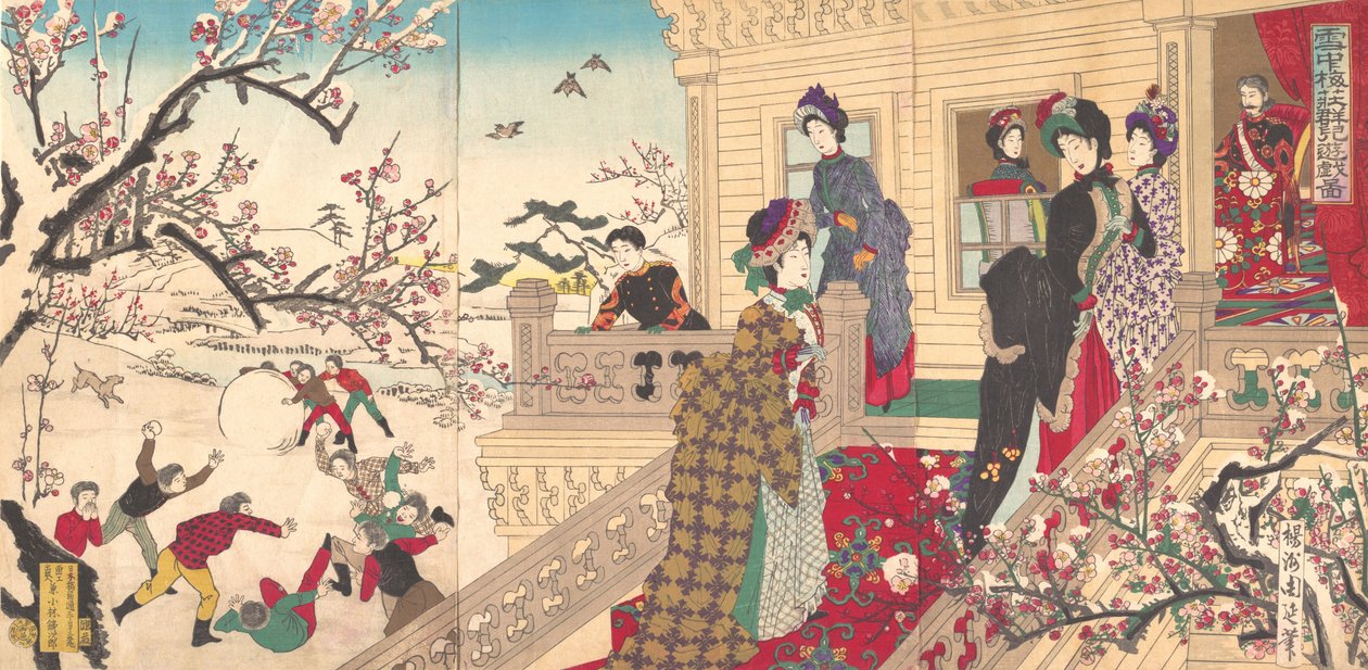 Crianças brincando na neve sob ameixeiras em flor, 1887 (xilogravura) de Toyohara Chikanobu