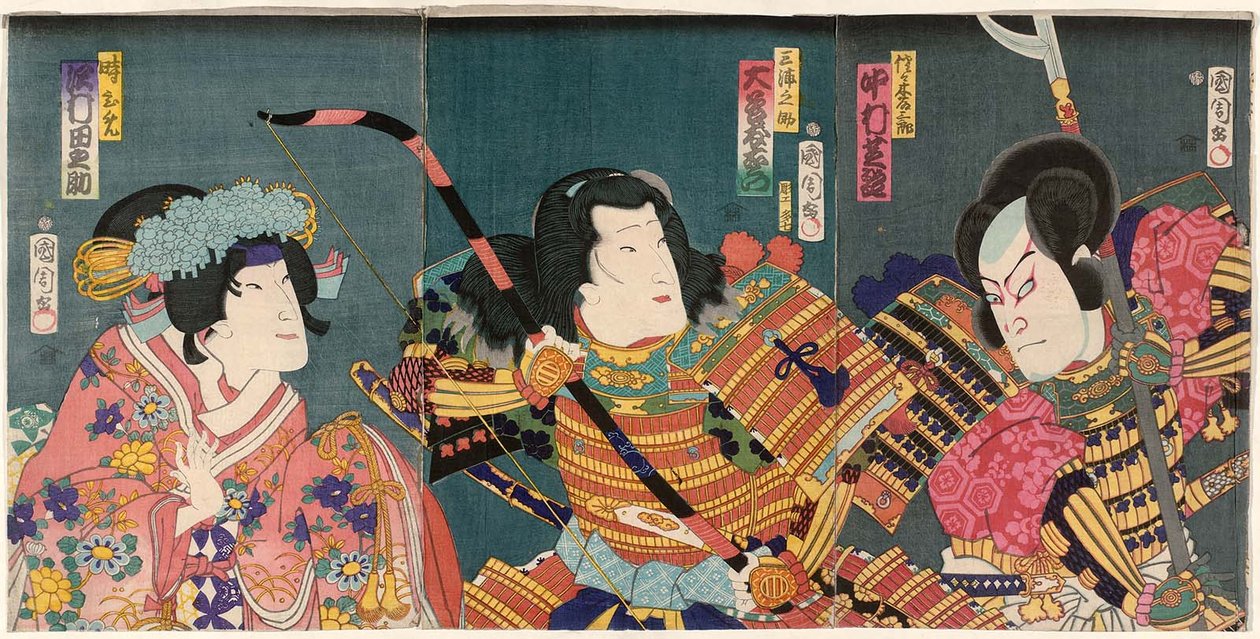 Atores Nakamura Shikan IV como Sasaki Tozaburo R, Otani Tomoemon V como Miuranosuke C e Sawamura Tanosuke III como Toki-hime L de Toyohara Kunichika