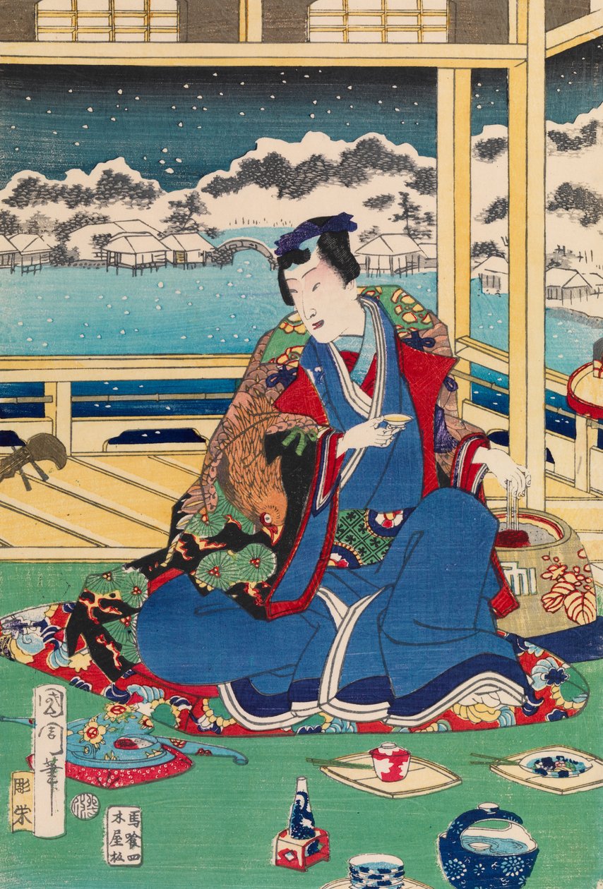 Genji Visualizando Neve De Uma Varanda de Toyohara Kunichika