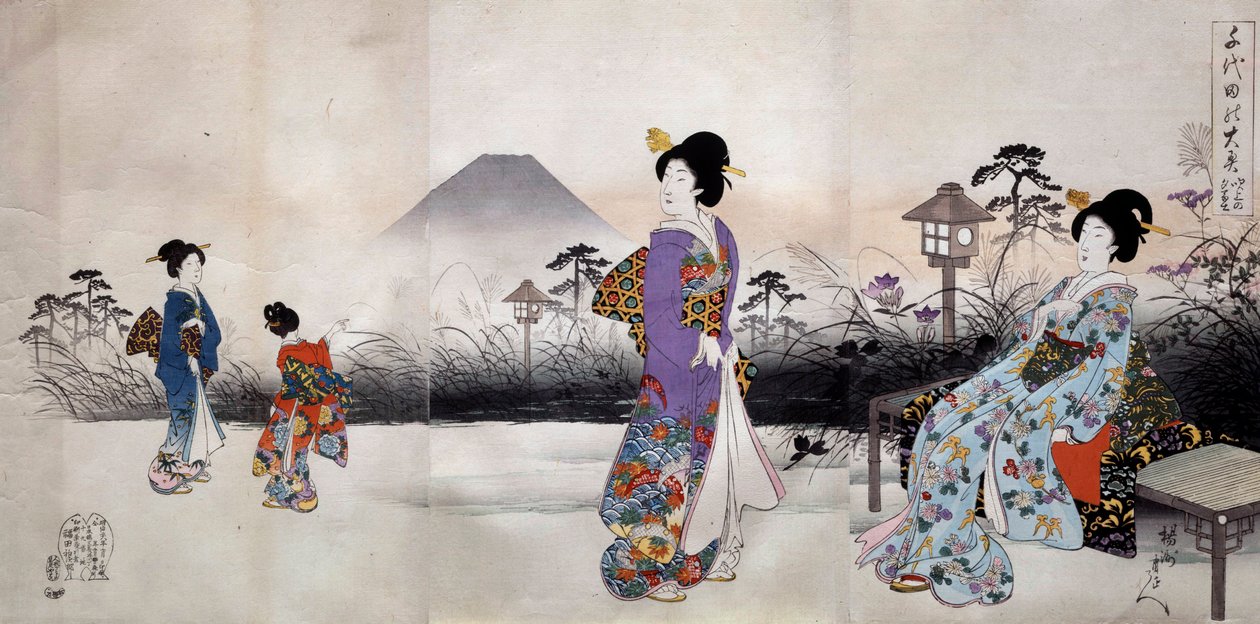 Mulher japonesa caminhando em frente ao Monte Fuji Impressão japonesa de Toyohara Chikanobu (1838-1912) 1896 Coleção particular de Toyohara Chikanobu