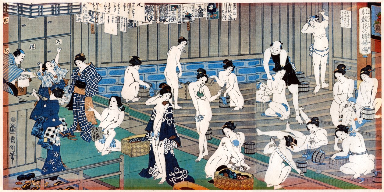 Cena da casa de banho, uma gravura de Toyohara Kunichika, século XIX de Toyohara Kunichika