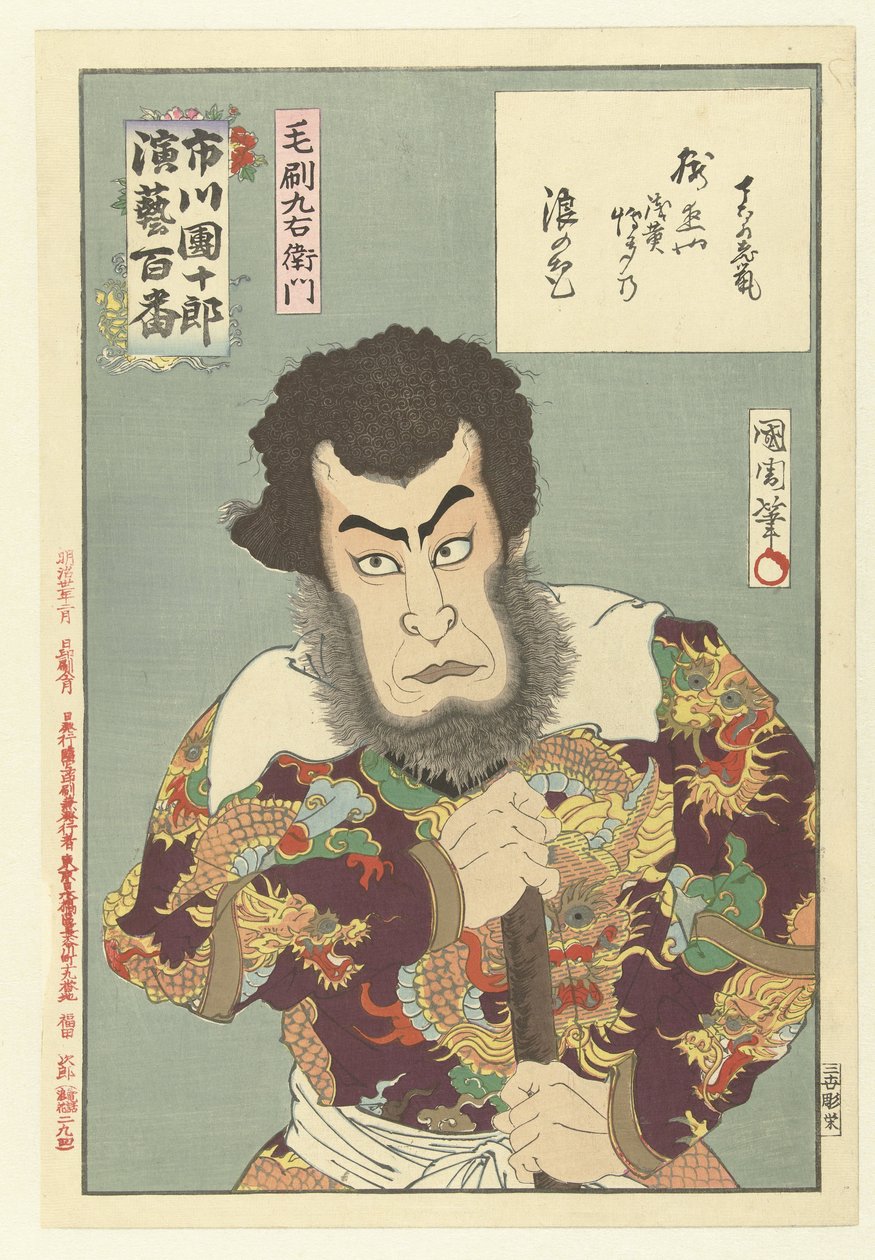Ichikawa Danjuro IX como Kezori Kyuemon Kezori Kyuemon (título no objeto) Henderd rollen van Ichikawa Danjuro IX (título da série) Ichikawa Danjuro engei hyakuban (título da série no objeto) de Toyohara Kunichika
