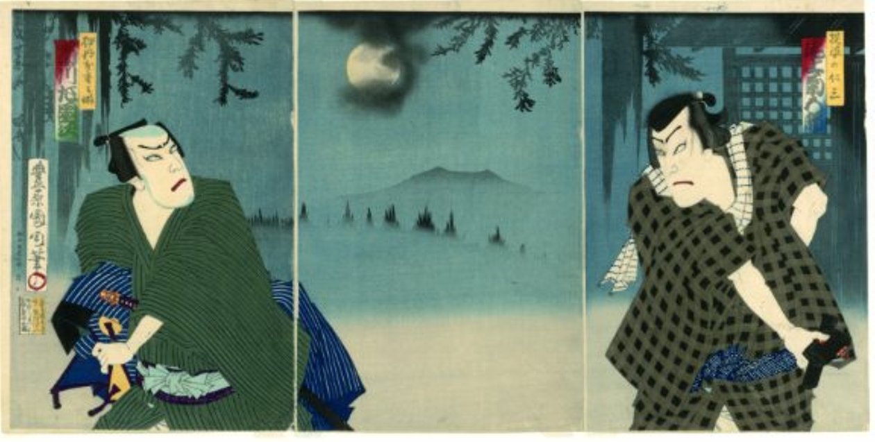 Onoe Kikugorō V como Daiba no Jinzō e Ichikawa Sadanji I como Itamiya Jubei de Toyohara Kunichika