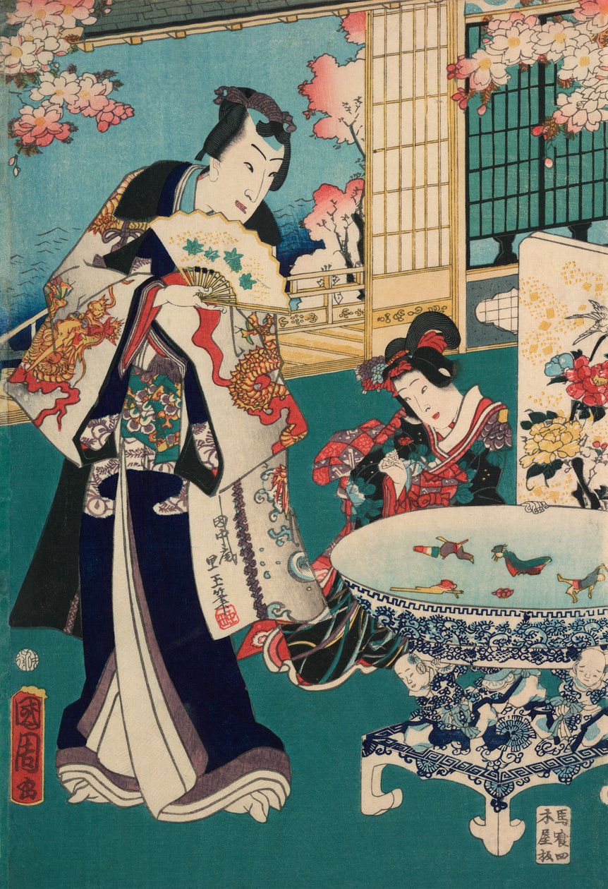Passeio de Primavera numa Villa Diptych: Homem no Interior de Toyohara Kunichika