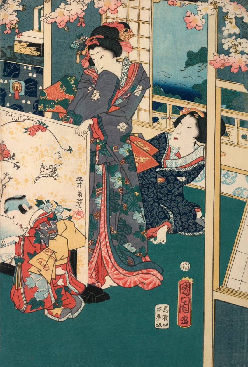 Passeio de Primavera numa Villa Diptych: Mulheres no Interior de Toyohara Kunichika