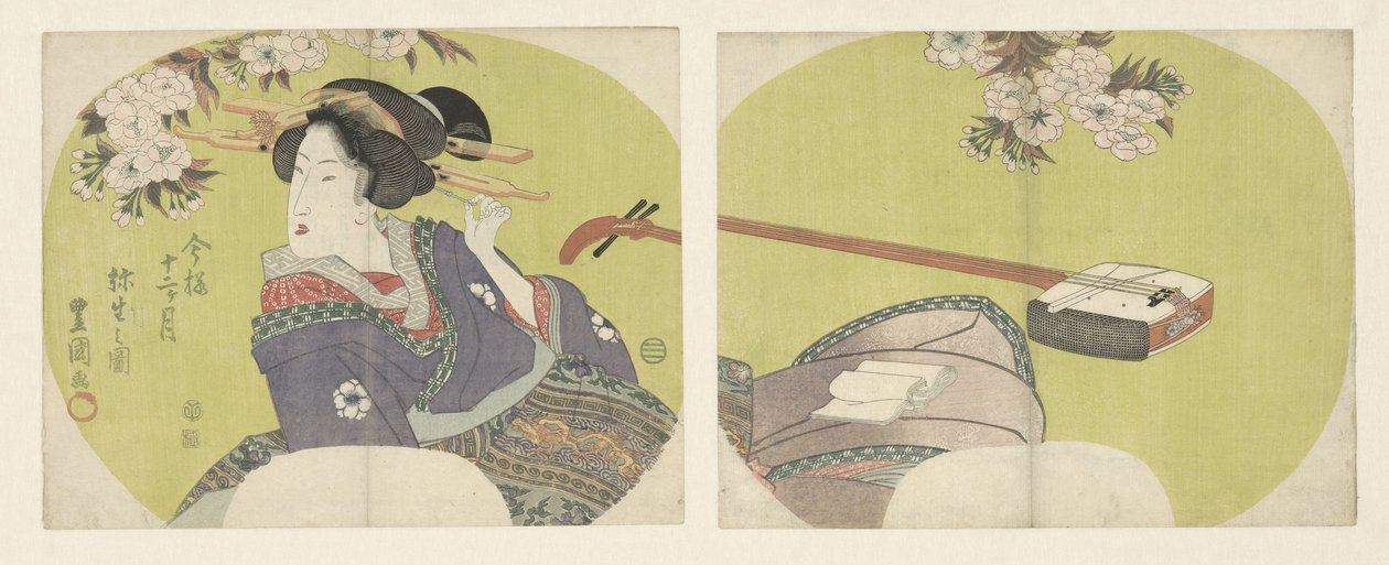Cortesã e shamisen Os Doze Meses Modernos (título da série) Imayo junikagetsu (título da série no objeto) de Toyokuni (II) , Utagawa