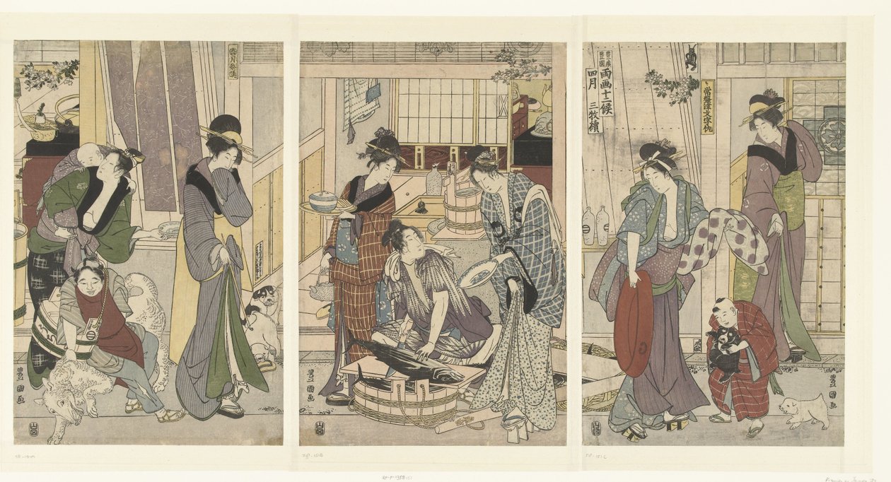 Peixeiro
O quarto mês, um tríptico
Yongatsu, sanbukutsui (título sobre o objecto)
Os doze meses por Toyohiro e Toyokuni (título da série)
Toyohiro Toyokuni ryoga juniko (título da série sobre o objecto) de Toyokuni (II) , Utagawa