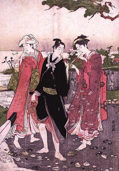 Duas raparigas e um jovem numa praia, pub. c.1780 de Utagawa Toyokuni