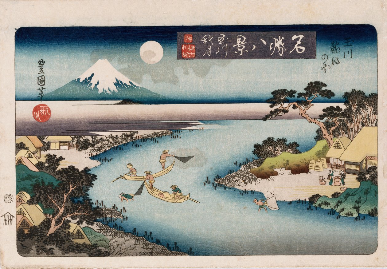 Lua do outono, rio Tama ", da série" Oito vistas de lugares famosos " de Toyokuni II