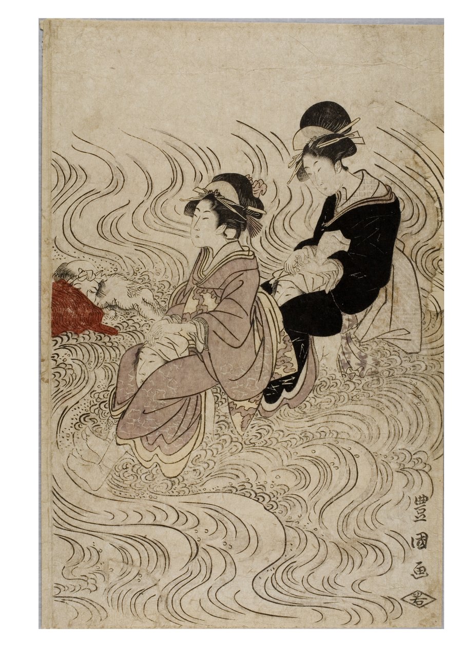 Festa de cortesãs vadeando um rio agitado pelas ondas de Toyokuni Utagawa