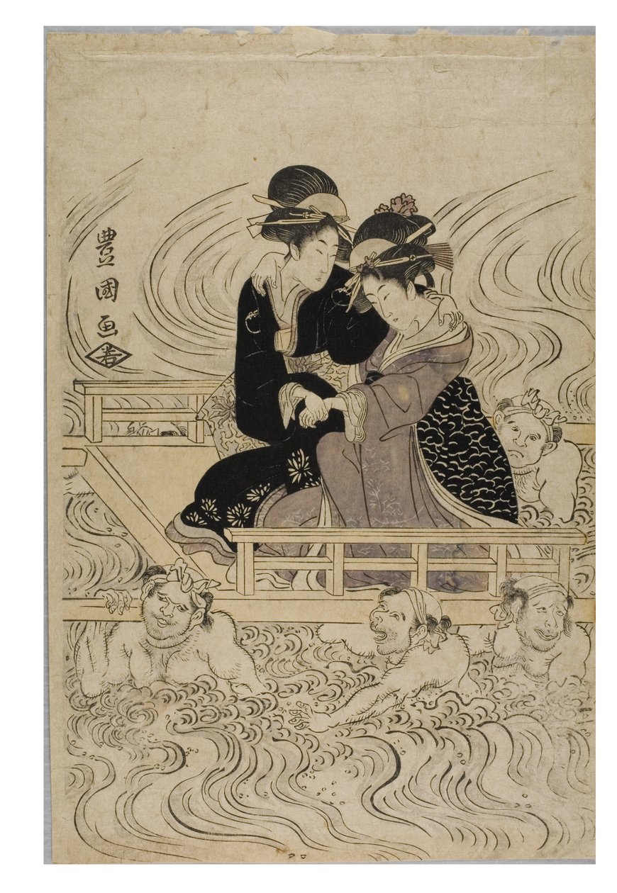 Festa de cortesãs vadeando um rio agitado pelas ondas de Toyokuni Utagawa