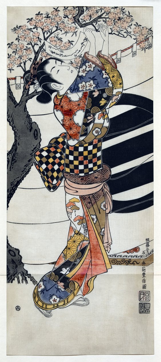Mulher japonesa com um quimono a pendurar poemas numa cerejeira em flor, xilogravura japonesa de Ishikawa Toyonobu (1711-1785) c. 1741 de Toyonobu Ishikawa