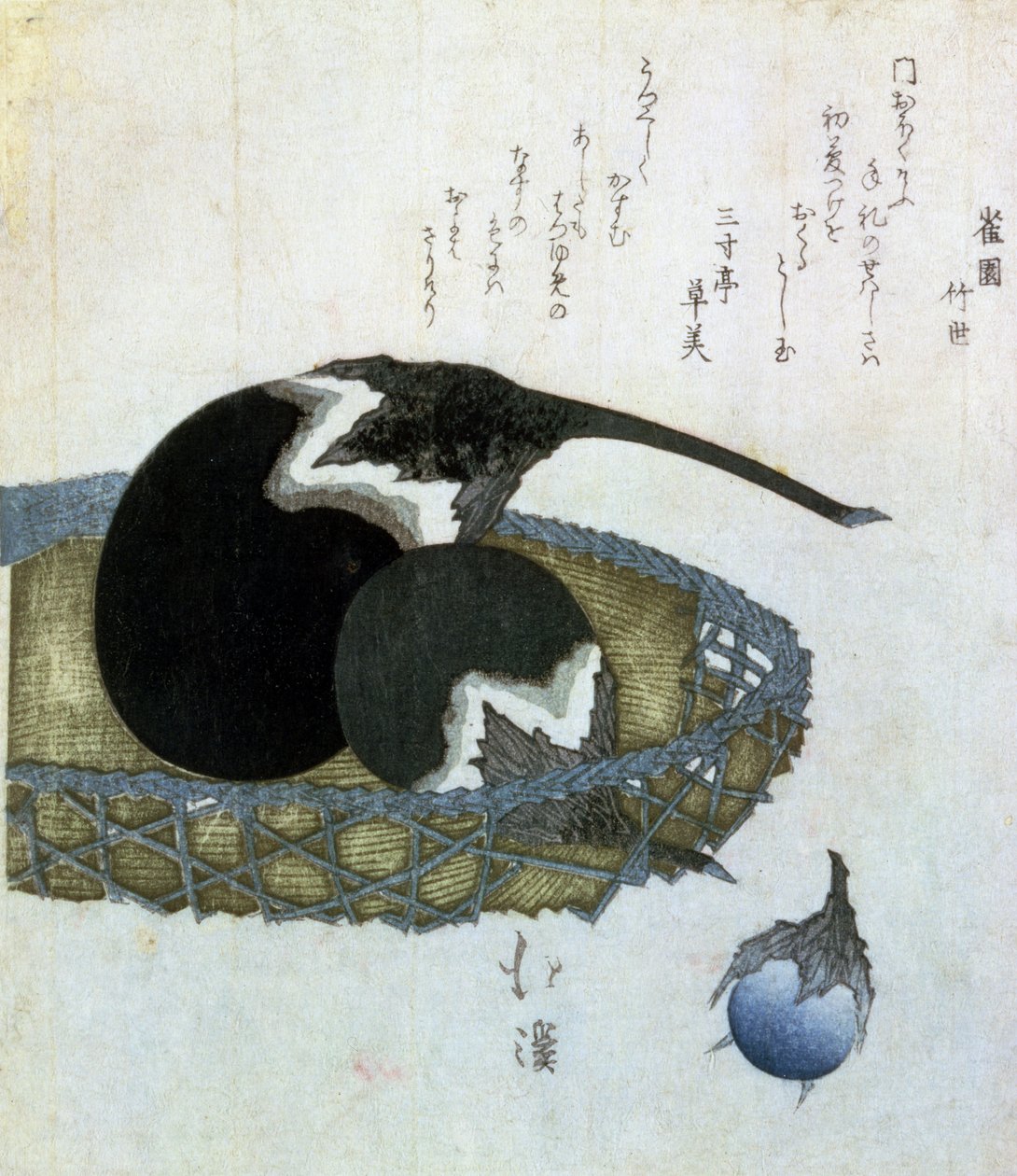 Berinjelas em uma cesta, japonês (impressão em xilogravura) de Toyota Hokkei