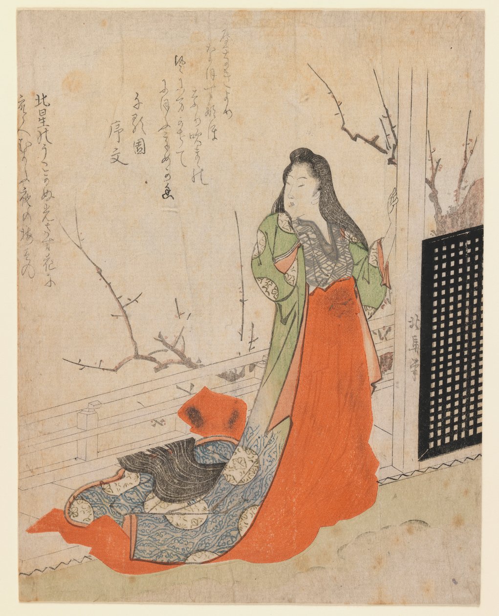 Surimono, senhora em um terraço, c.1830 (impressão em xilogravura) de Toyota Hokkei