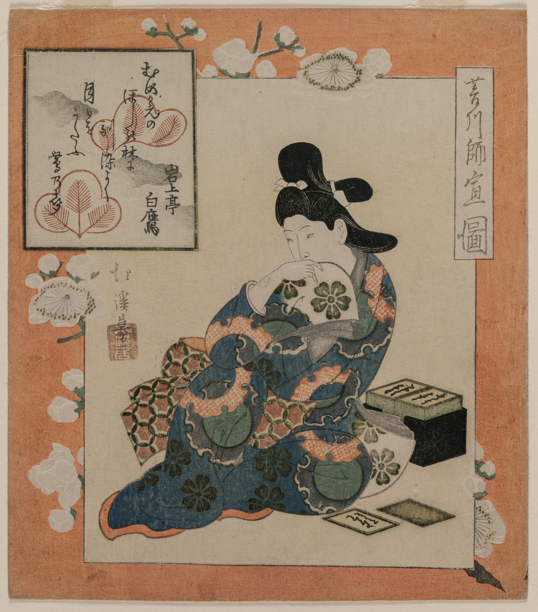 Uma foto de Hishikawa Moronobu: Mulher com um conjunto de cartas de poema, meados da década de 1820. de Toyota Hokkei
