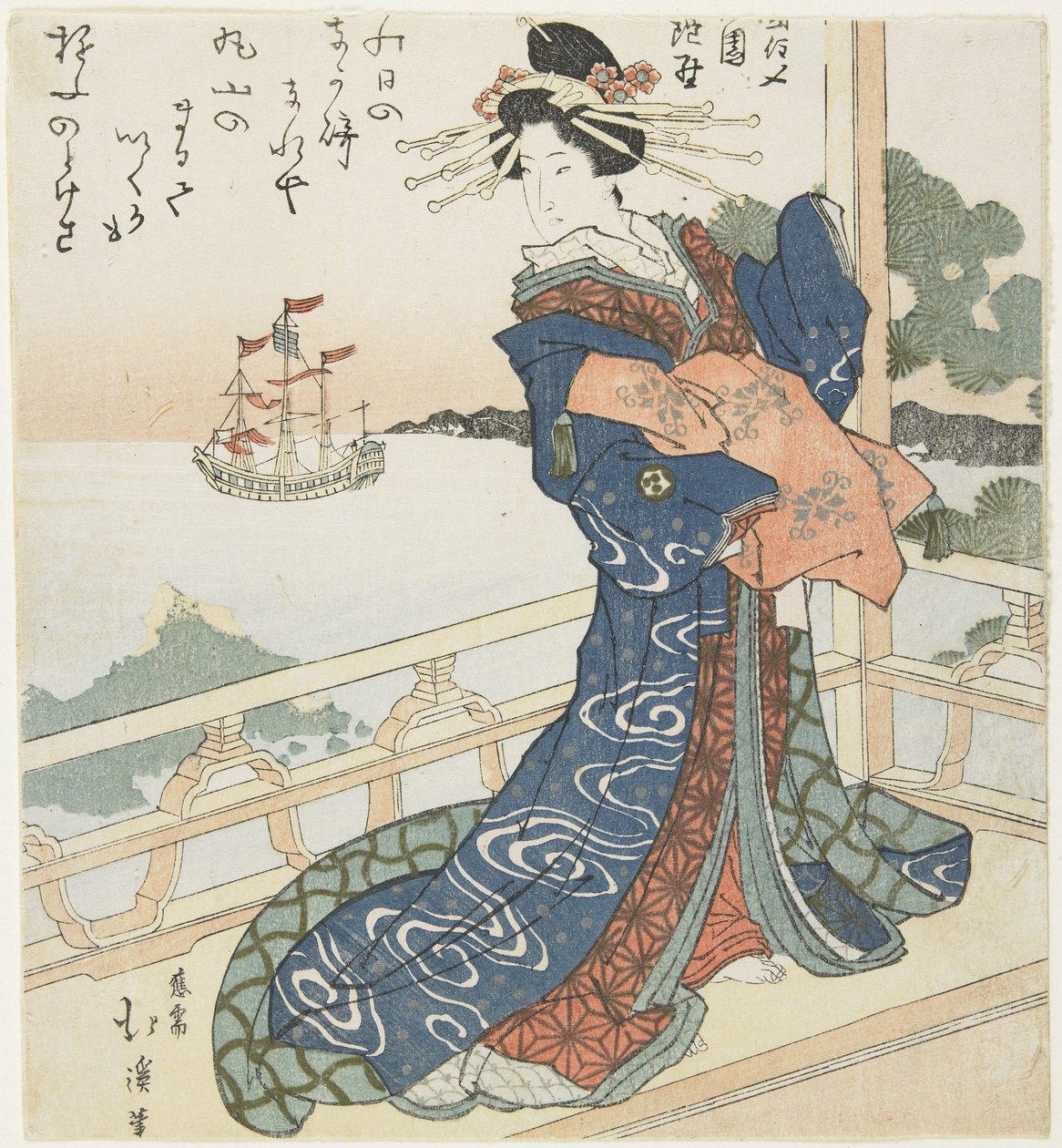 Cortesão olhando para um navio estrangeiro, 1818-1844 de Toyota Hokkei