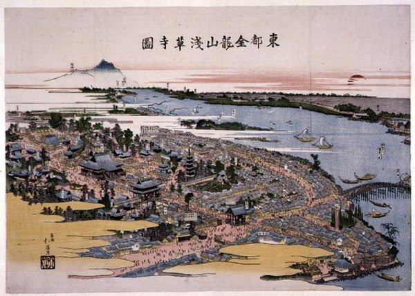 Templo Kinryuzan Senso-ji na Capital Oriental (Edo) c.1820 (impressão em bloco de madeira) de Toyota Hokkei