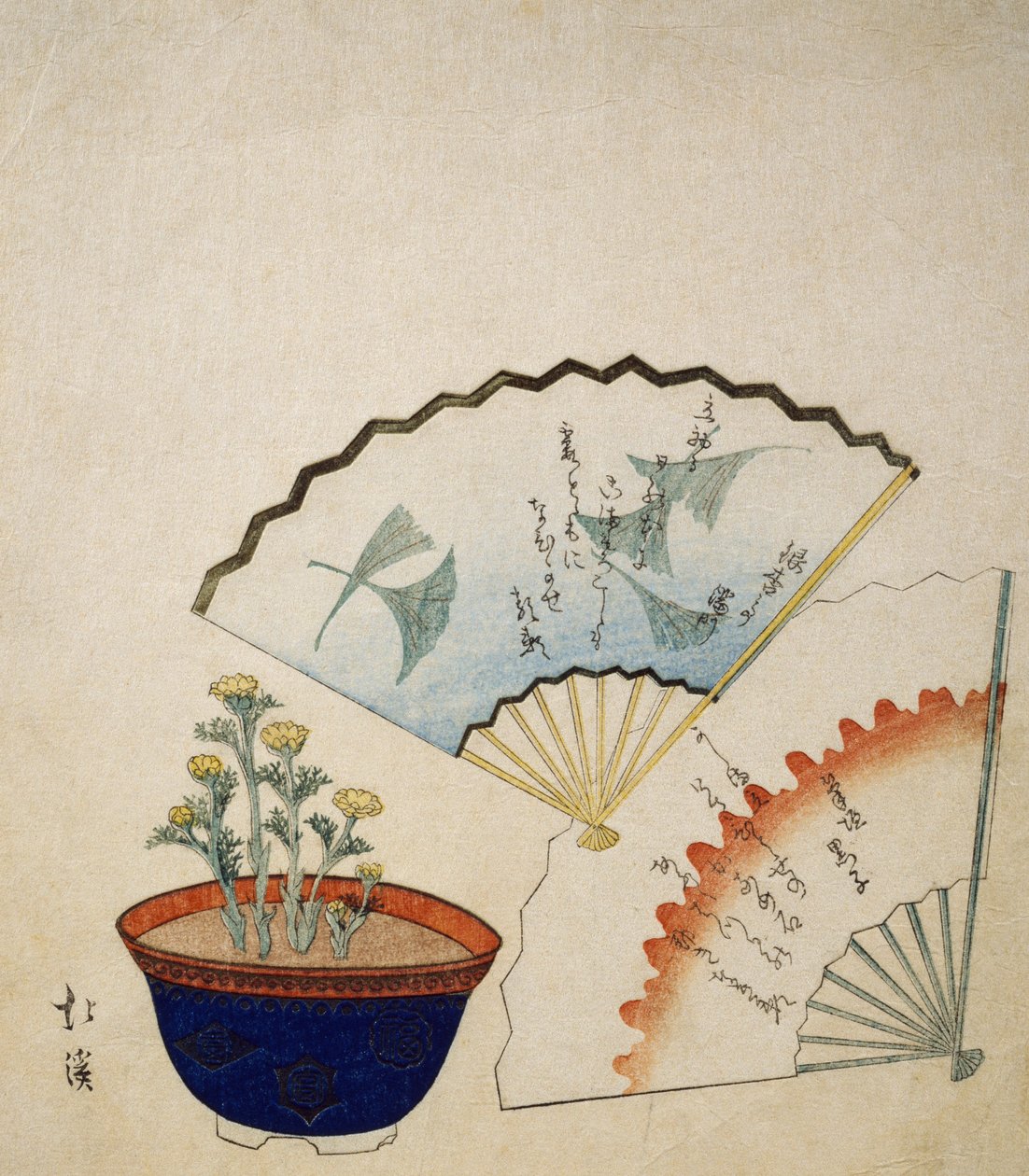Vaso com Adónis e dois fãs decorados com poemas de Ichotei Mitsunori e Fudegaki, por volta de 1830 de Toyota Hokkei