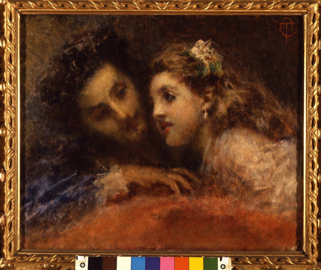 Attrazione (Atração), um homem inclina-se para uma criança de uma forma cúmplice e tranquilizadora. Ele é provavelmente um pai e sua filha (boca a boca). Pintura de Tranquillo Cremona (1837-1878) Galleria d