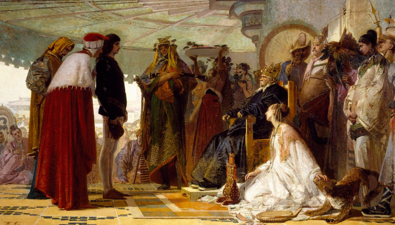 Marco Polo em frente ao Grande Khan dos Tártaros, por Tranquillo Cremona, Circa 1863 de Tranquillo Cremona