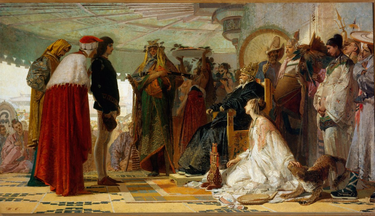 O navegante veneziano Marco Polo em frente ao grande Qubilai de Tranquillo Cremona