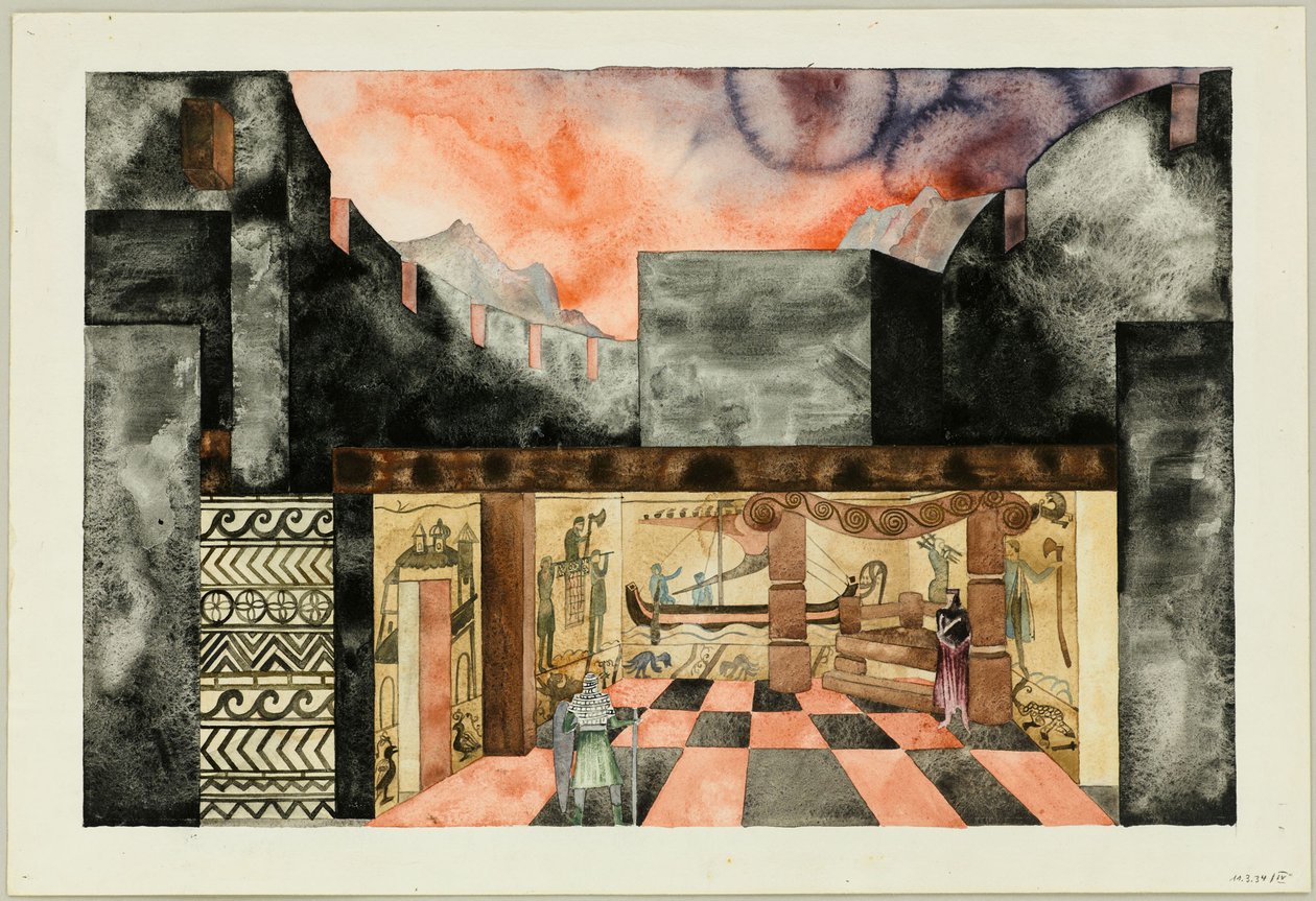 Cenografia da tragédia The Nibelungen de Friedrich Hebbel, ca 1934. de Traugott Müller