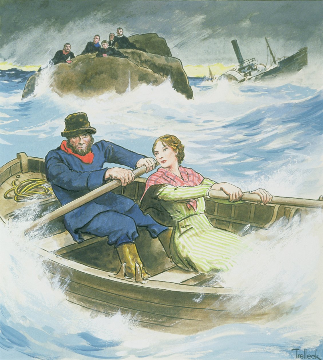Grace Darling (1815-1841) e seu pai resgatando sobreviventes do navio a vapor naufragado &39;Forfarshire&39;, em 7 de setembro de 1838, de &39;Peeps into the Past&39;, publicado em c.1900 de Trelleek
