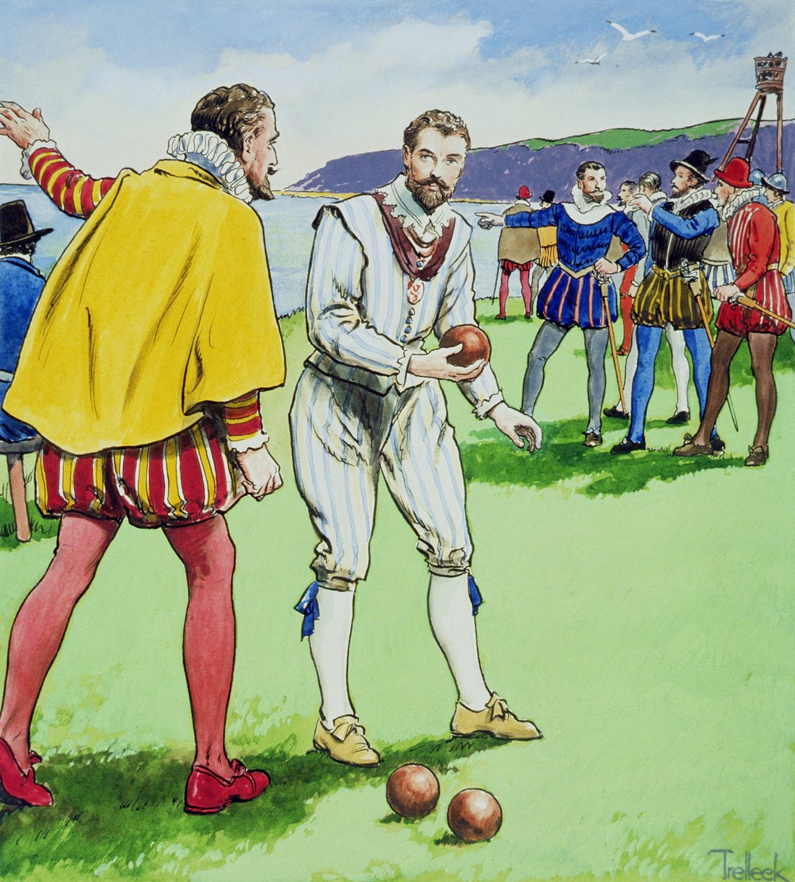 Sir Francis Drake (15403-96) jogando tigelas, de &39;Peeps into the Past&39;, publicado em c.1900 de Trelleek