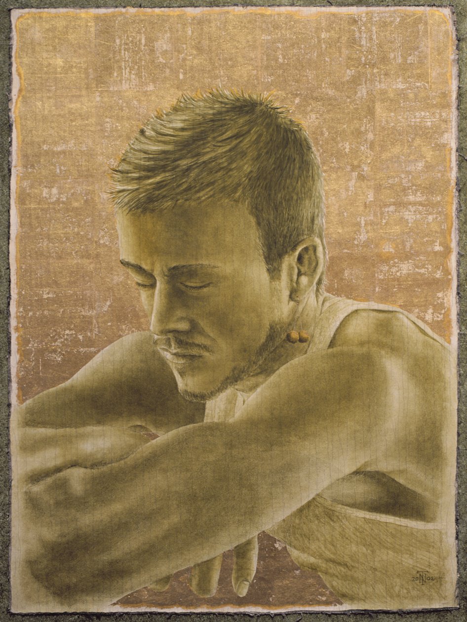 Beckham (n.1975) (óleo e folha de ouro sobre gesso rachado sobre tela colocado a bordo) de Trevor Neal
