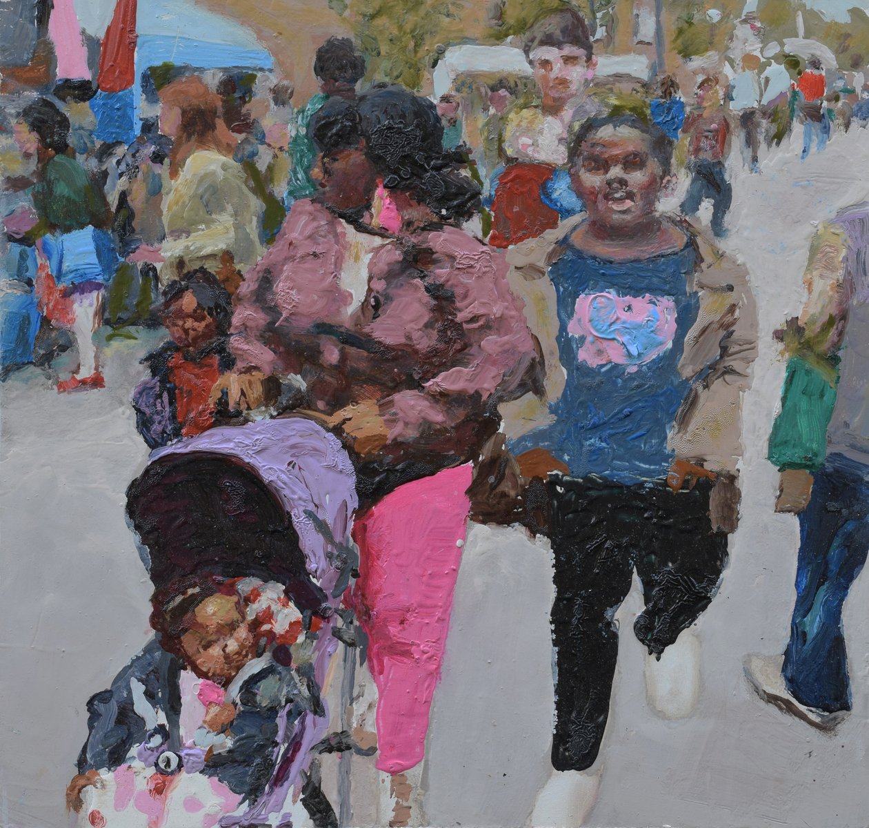 Compras em família (Deptford, Londres), 2018 (óleo sobre cartão) de Trevor Burgess