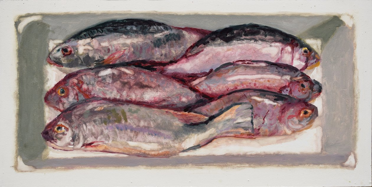 Caixa de peixe 1 (Billingsgate, Londres), 2016 (óleo sobre cartão) de Trevor Burgess