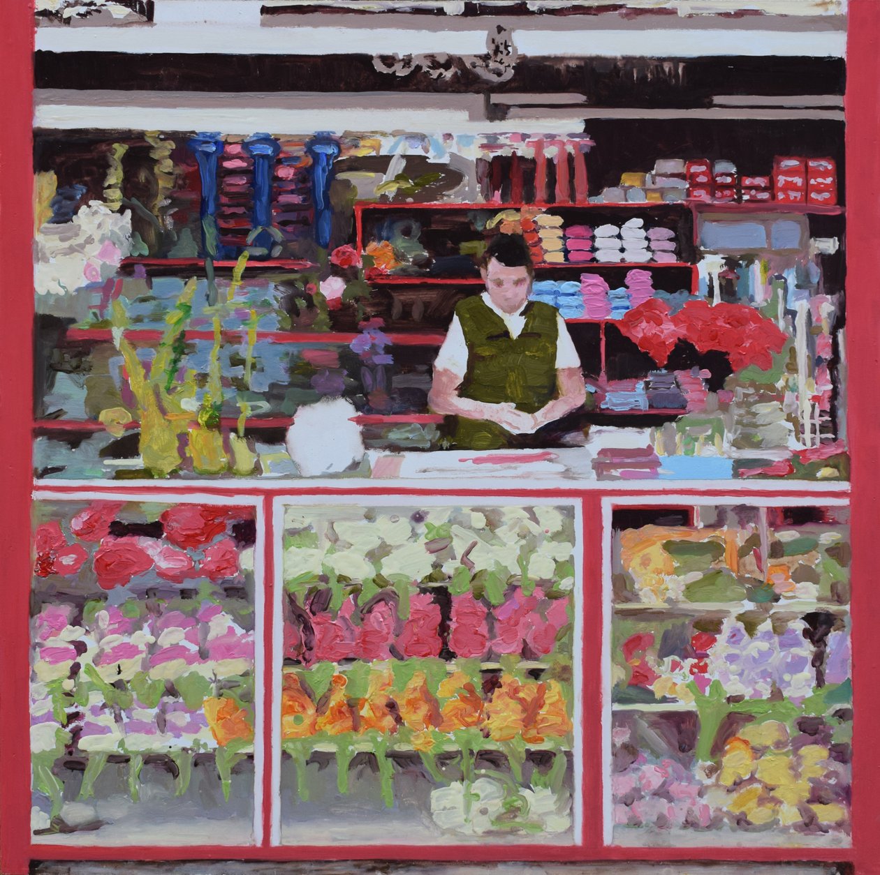 Banca de flores (Bogotá, Colômbia), 2016 (óleo sobre tábua) de Trevor Burgess