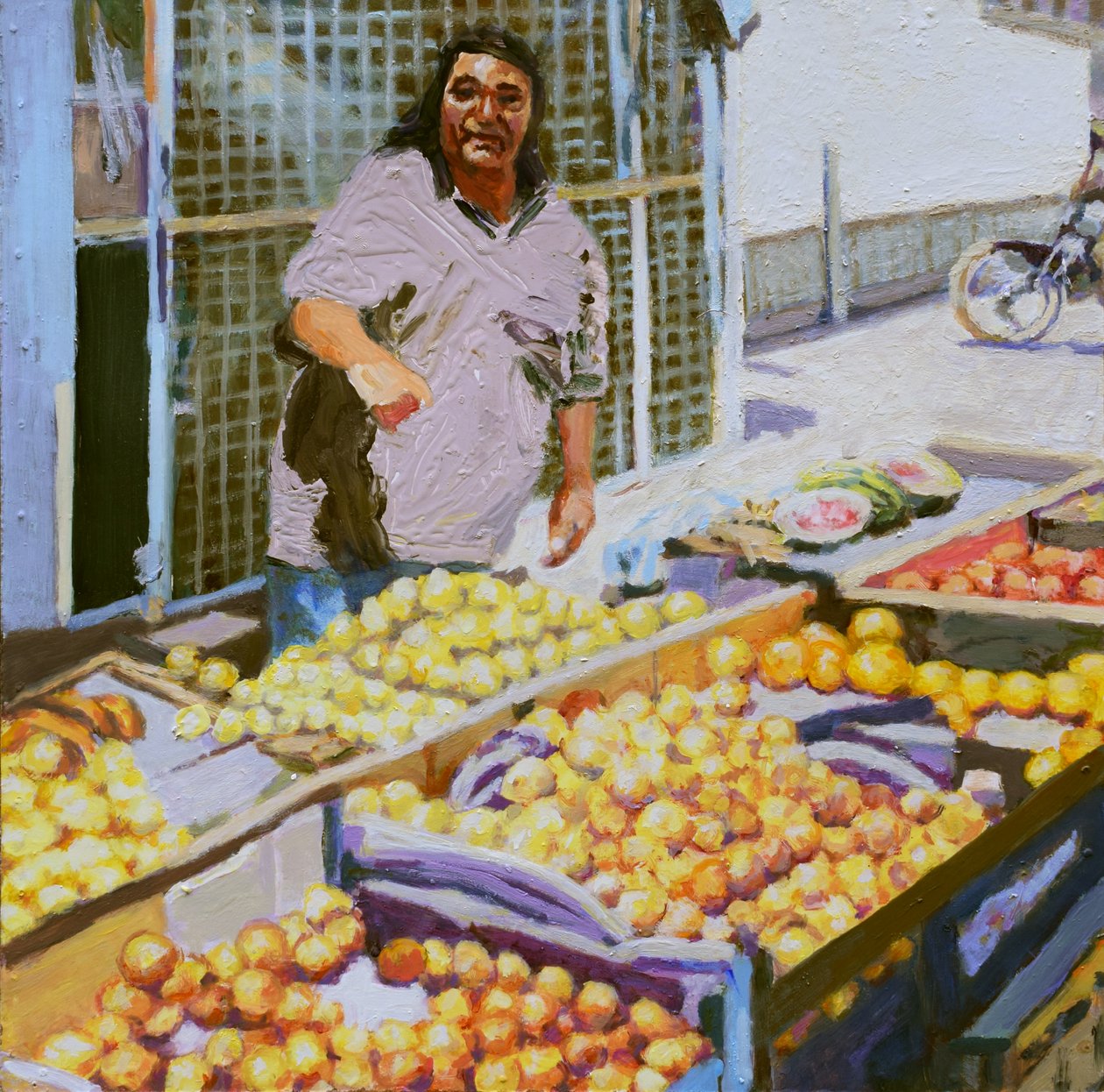 Vendedor de frutas (San Juan, Argentina), 2016 (óleo sobre cartão) de Trevor Burgess