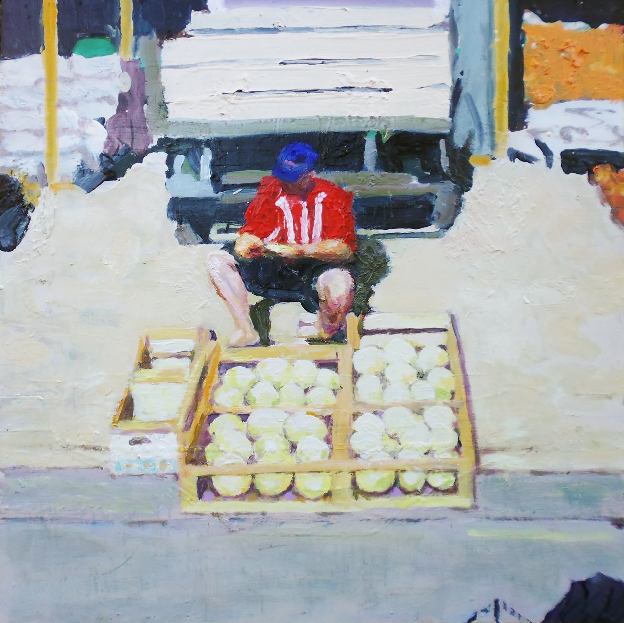 Homem a vender melões (San Juan, Argentina), 2014 (óleo sobre tábua) de Trevor Burgess
