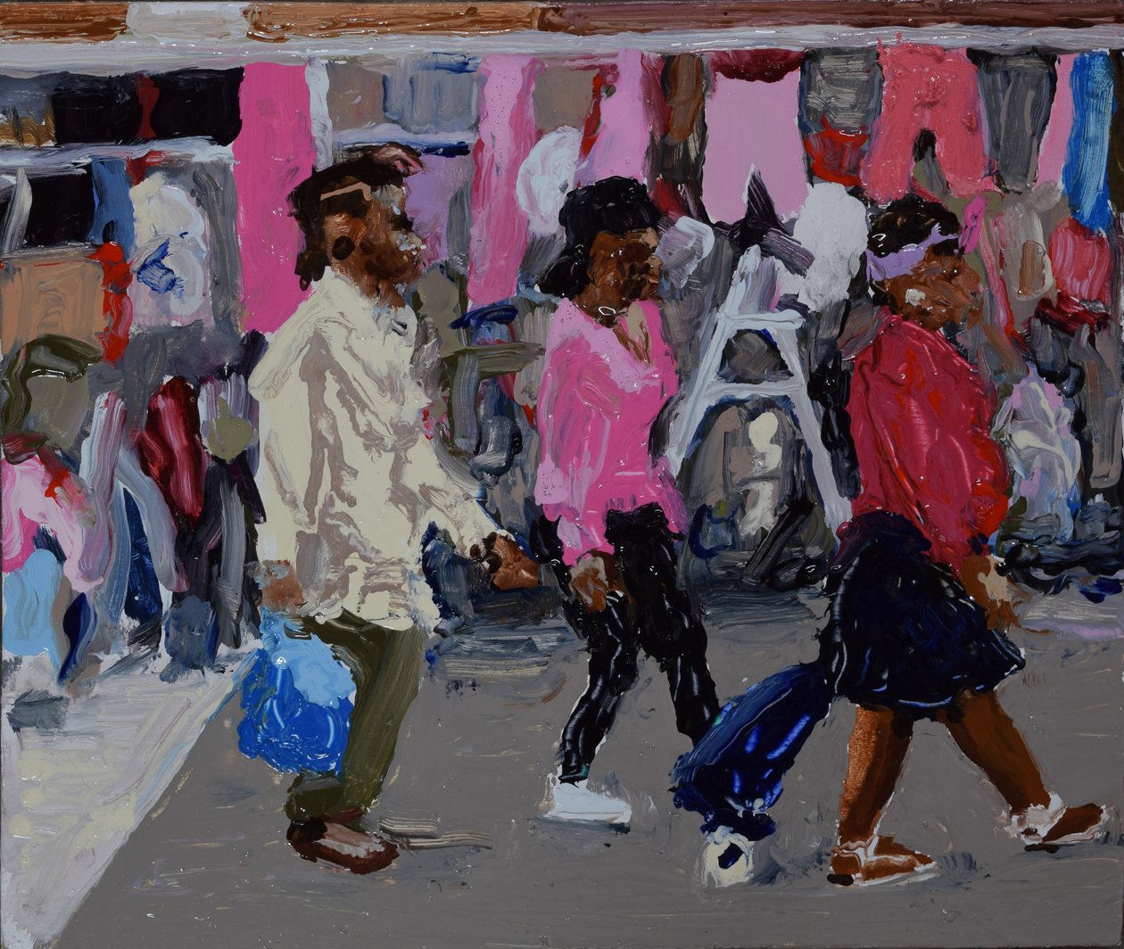 Compradores do mercado (Deptford, Londres), 2018 (óleo sobre cartão) de Trevor Burgess
