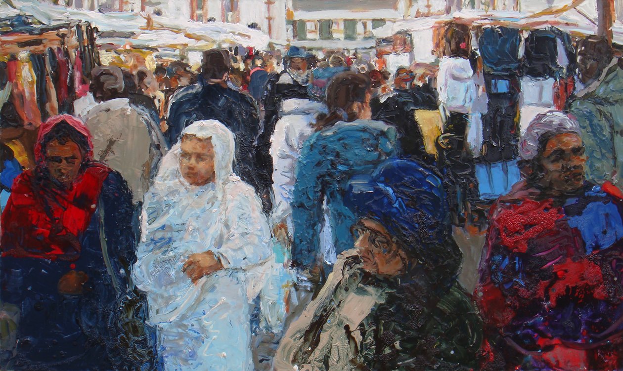 Compradores do mercado (Ridley Road, Londres), 2011 (óleo sobre tela) de Trevor Burgess