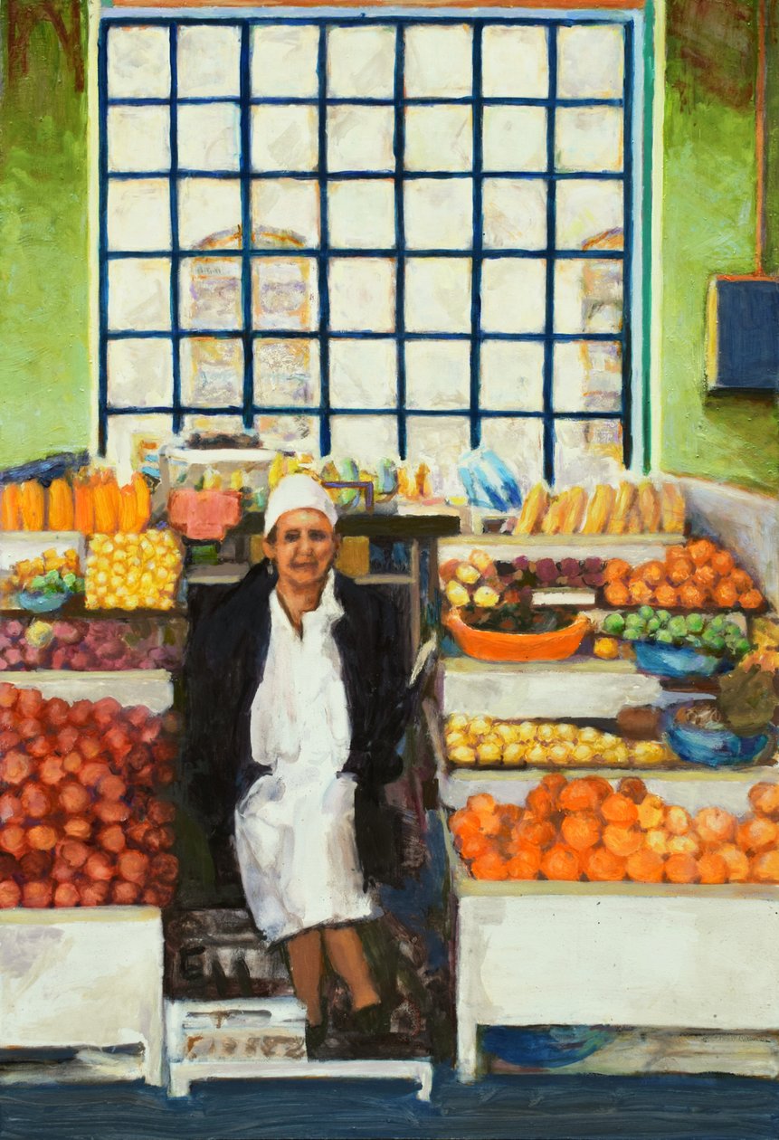 Banca de mercado (Quito, Equador), 2015 (óleo sobre cartão) de Trevor Burgess