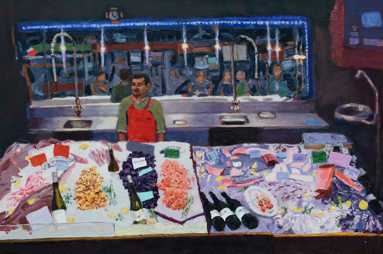 Balcão de marisco (Paris), 2016 (óleo sobre cartão) de Trevor Burgess