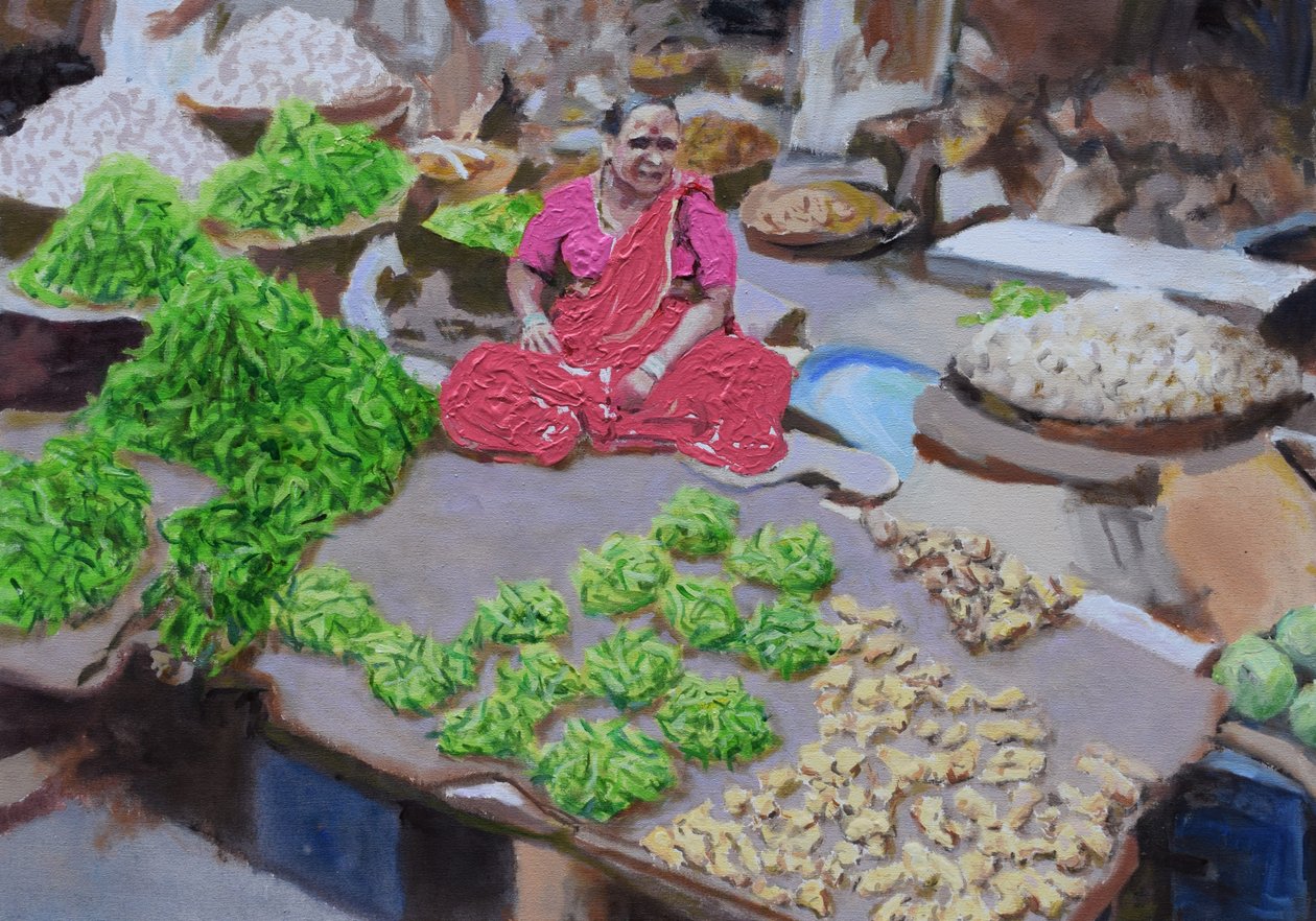 Vender malaguetas e gengibre (Thane, Mumbai), 2016 (óleo sobre tela) de Trevor Burgess