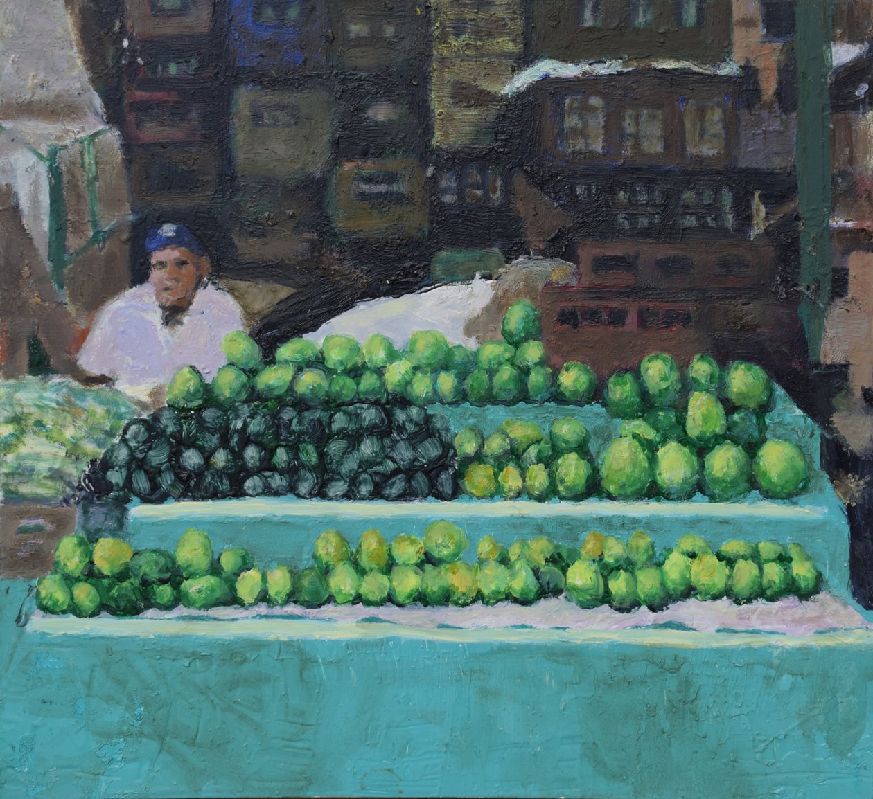 Venda de mangas e abacates (Bogotá, Colômbia), 2016 (óleo sobre cartão) de Trevor Burgess