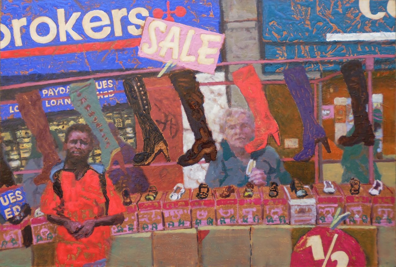 Barraca de sapatos (Deptford, Londres), 2013 (óleo sobre cartão) de Trevor Burgess