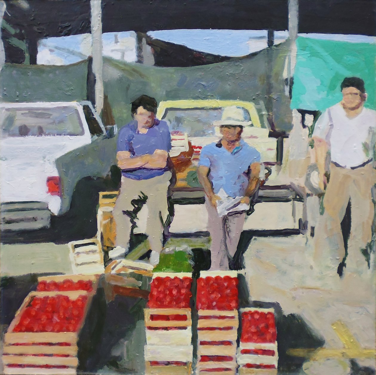 Três homens a vender tomates (San Juan, Argentina), 2014 (óleo sobre tábua) de Trevor Burgess